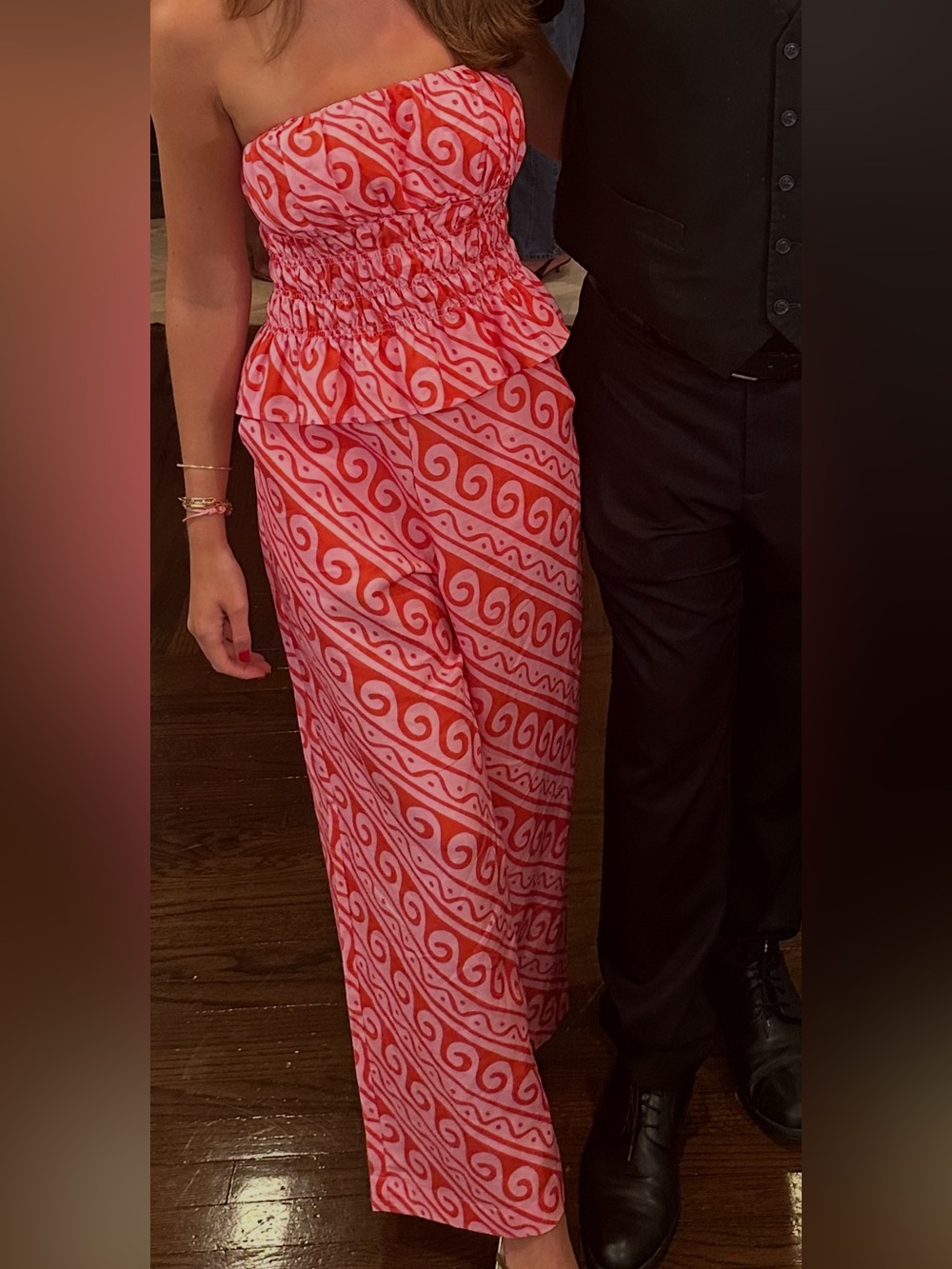 Kitri Strapless Pink & Red Swirl Smocked Tube Top with Matching Wide Leg Pants